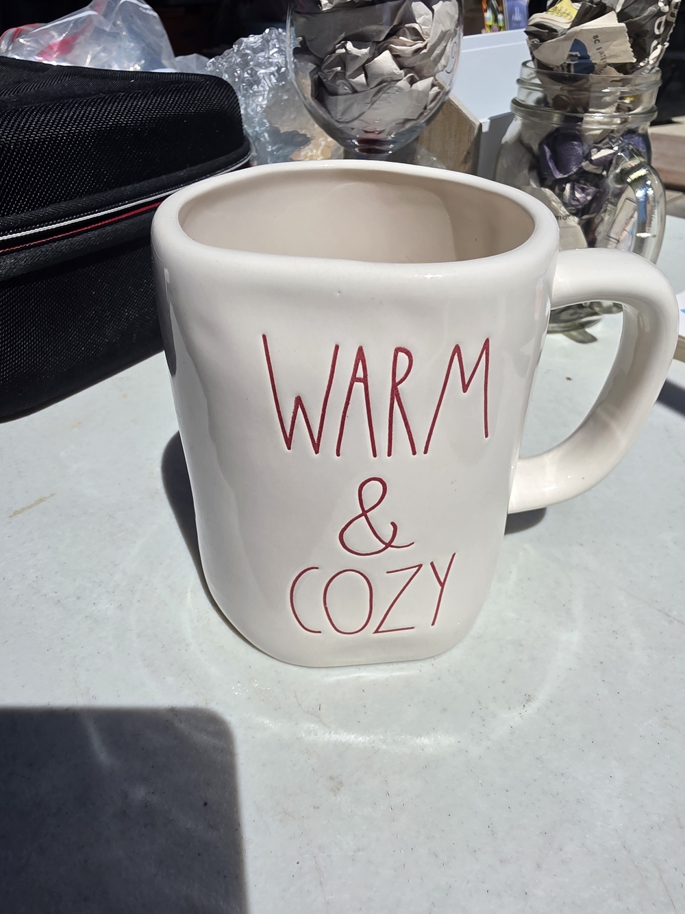 Rae Dunn Warm & Cozy Ceramic Mug - White with Red Lettering